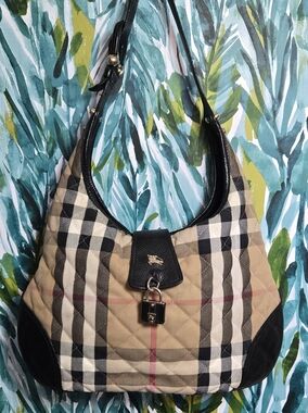 Burberry Nova Check Quilted Canvas Hobo With Black Leather Trim